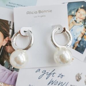 Big SILVER White Pearl Drop Earrings Blanche Huggie Hoop Alicia Bonnie Everly